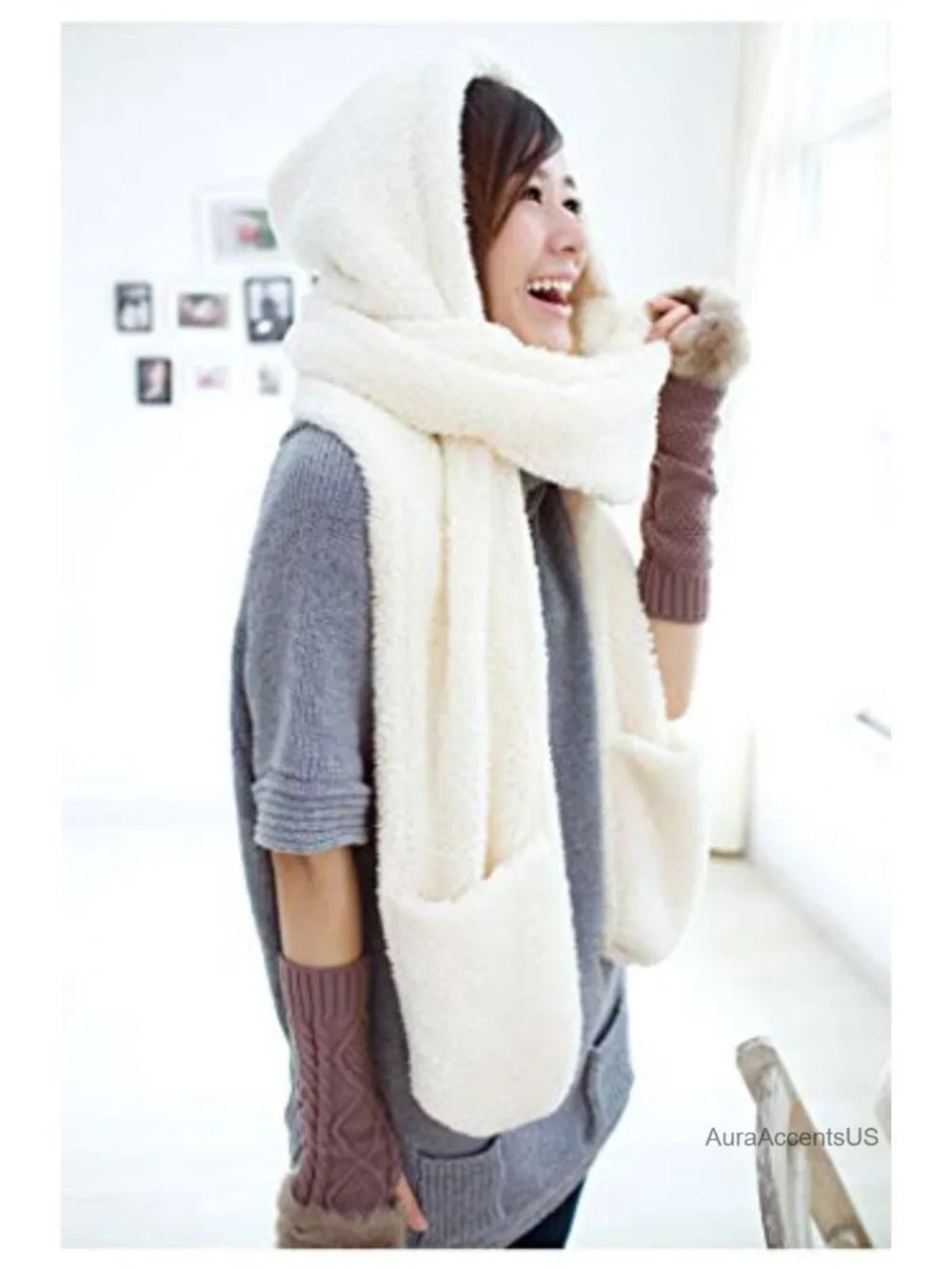 Super Soft Fleece Hooded Scarf with Glove Pockets, 3-in-1 Winter Headwear